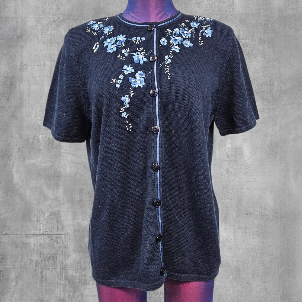 Grannycore Navy Blue Floral Embroidered Beaded Short Sleeve Cardigan Medium G64